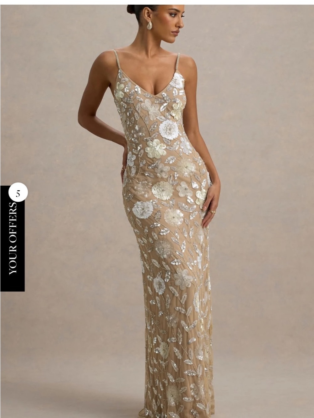 Club L London Nude-Beige Sequin Floral Slip Gown